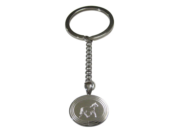 Silver Toned Etched Oval Full Horse Pendant Keychain