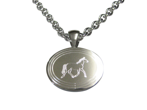 Silver Toned Etched Oval Full Horse Pendant Necklace
