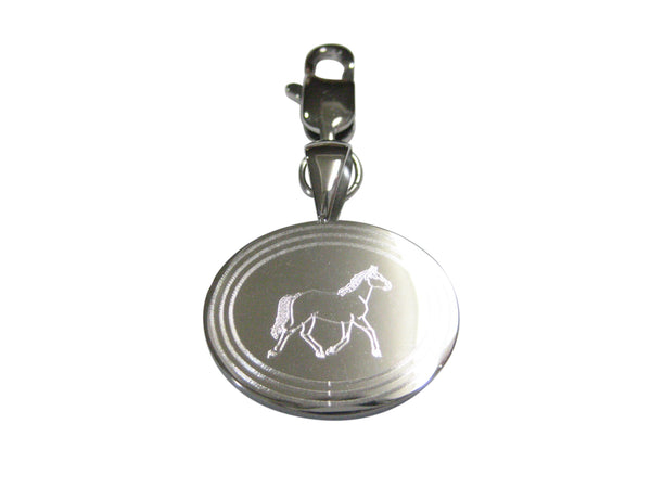 Silver Toned Etched Oval Full Horse Pendant Zipper Pull Charm