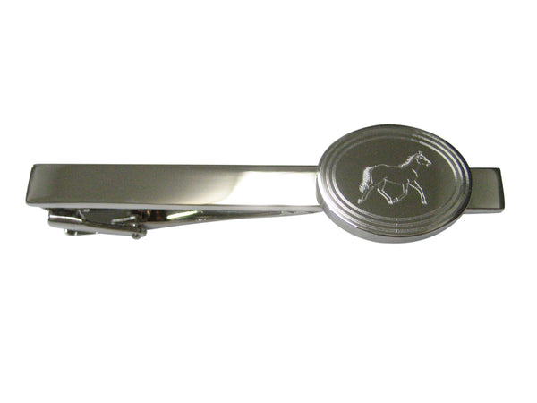 Silver Toned Etched Oval Full Horse Tie Clip