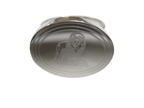 Silver Toned Etched Oval Full Lion Adjustable Size Fashion Ring