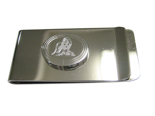 Silver Toned Etched Oval Full Lion Money Clip