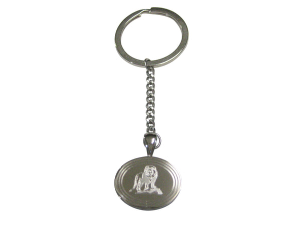 Silver Toned Etched Oval Full Lion Pendant Keychain