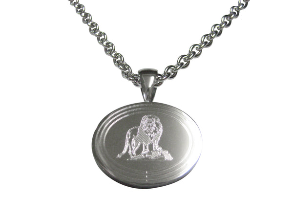 Silver Toned Etched Oval Full Lion Pendant Necklace
