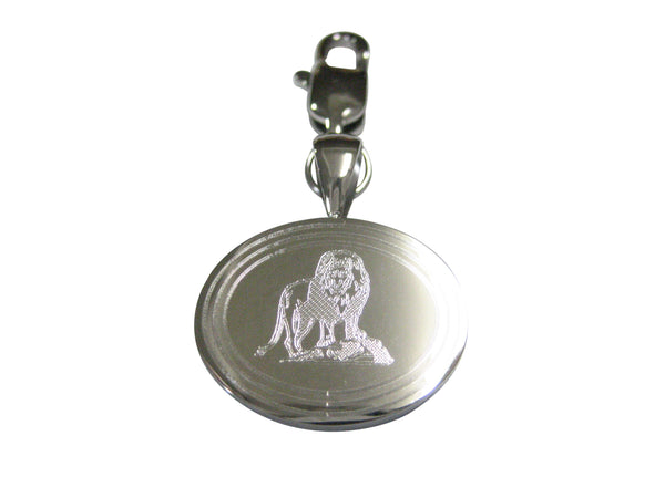 Silver Toned Etched Oval Full Lion Pendant Zipper Pull Charm