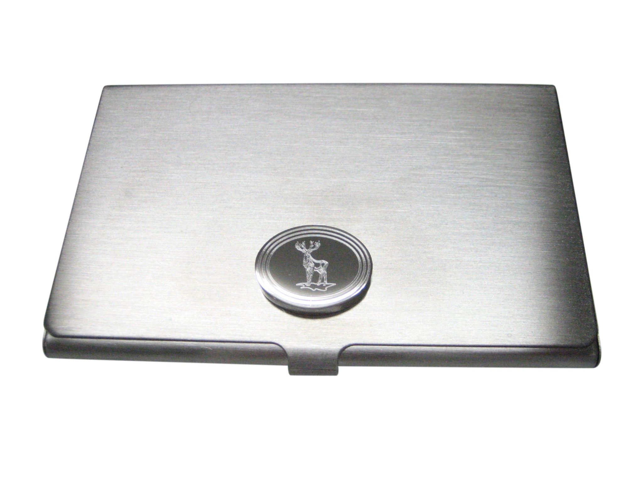 Silver Toned Etched Oval Full Stag Deer Business Card Holder