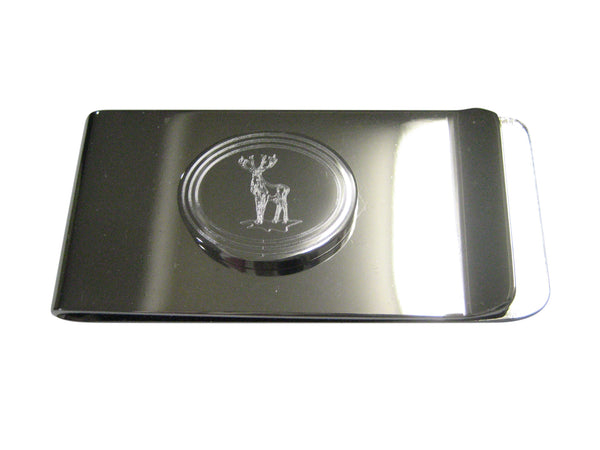 Silver Toned Etched Oval Full Stag Deer Money Clip