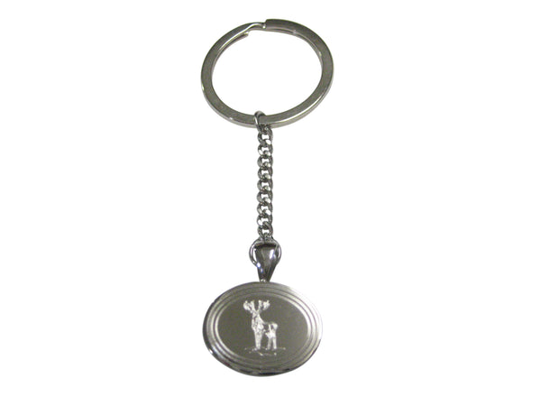 Silver Toned Etched Oval Full Stag Deer Pendant Keychain