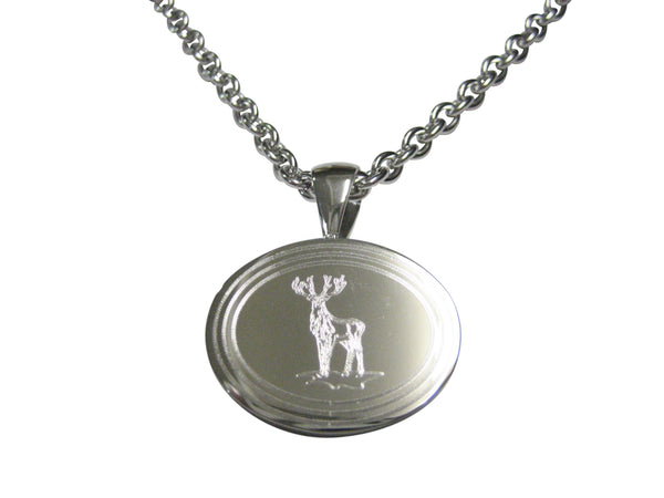 Silver Toned Etched Oval Full Stag Deer Pendant Necklace