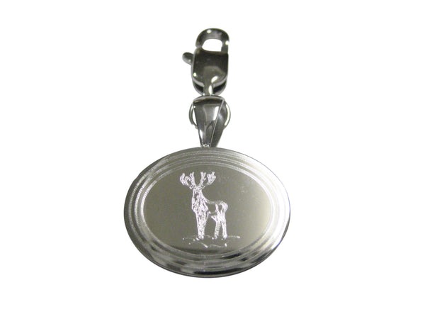 Silver Toned Etched Oval Full Stag Deer Pendant Zipper Pull Charm