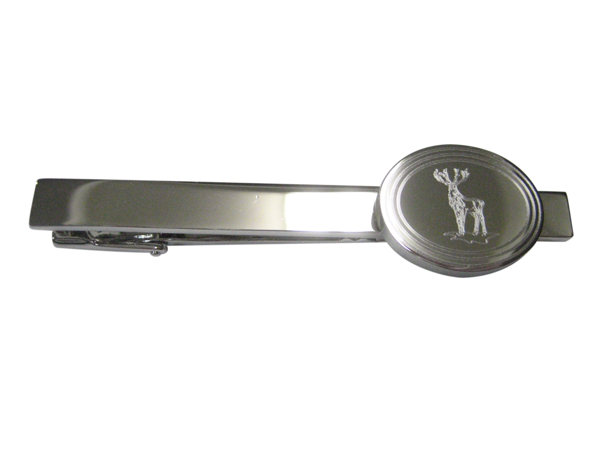 Silver Toned Etched Oval Full Stag Deer Tie Clip