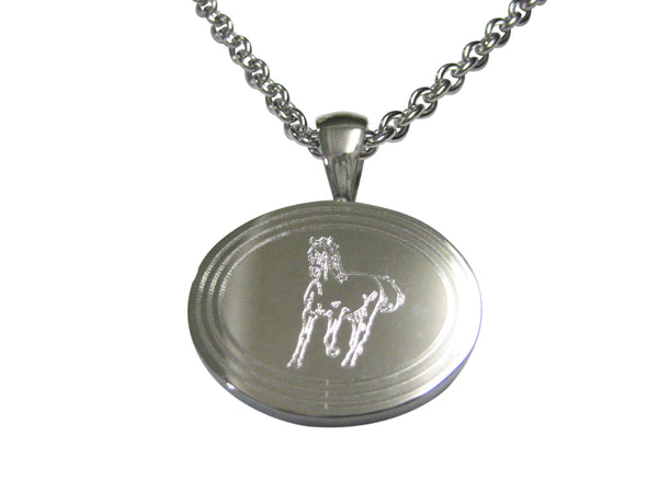 Silver Toned Etched Oval Galloping Horse Pendant Necklace