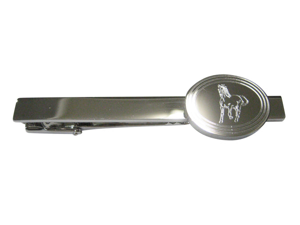 Silver Toned Etched Oval Galloping Horse Tie Clip