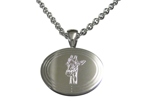 Silver Toned Etched Oval Giraffe Head Pendant Necklace