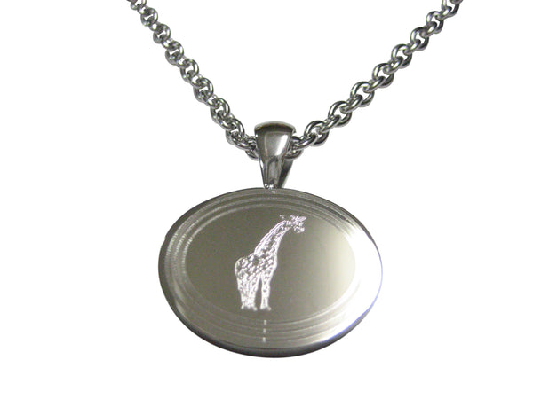 Silver Toned Etched Oval Giraffe Pendant Necklace