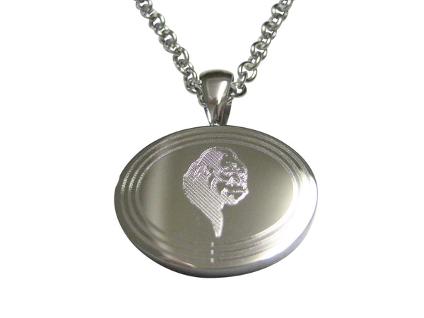 Silver Toned Etched Oval Gorilla Head Pendant Necklace