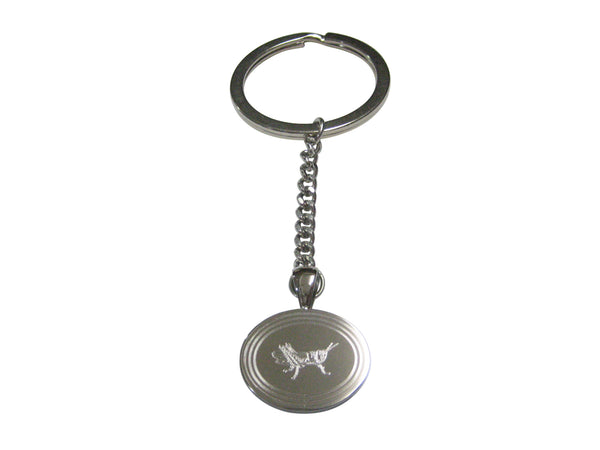 Silver Toned Etched Oval Grasshopper Locust Insect Pendant Keychain