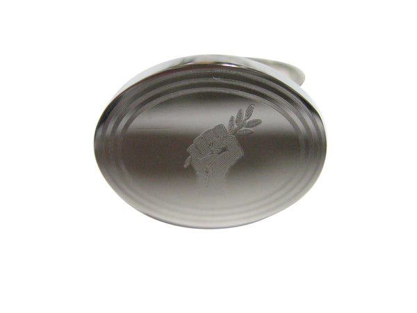 Silver Toned Etched Oval Hand Holding Olive Branch Adjustable Size Fashion Ring