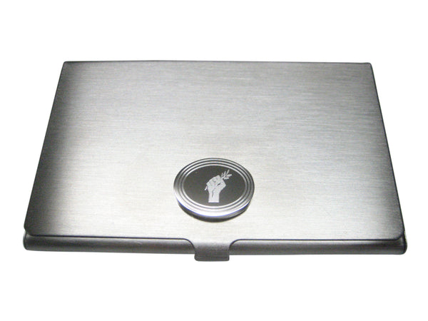 Silver Toned Etched Oval Hand Holding Olive Branch Business Card Holder