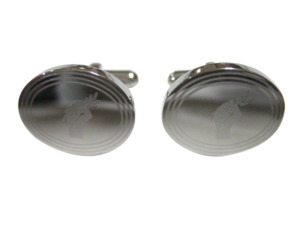 Silver Toned Etched Oval Hand Holding Olive Branch Cufflinks