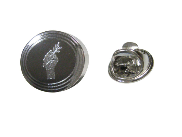 Silver Toned Etched Oval Hand Holding Olive Branch Lapel Pin