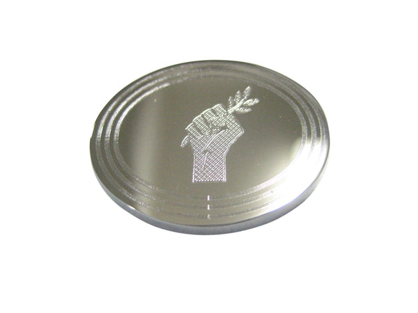 Silver Toned Etched Oval Hand Holding Olive Branch Magnet