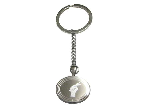 Silver Toned Etched Oval Hand Holding Olive Branch Pendant Keychain
