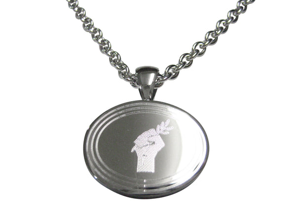 Silver Toned Etched Oval Hand Holding Olive Branch Pendant Necklace