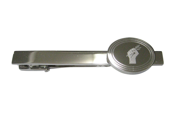 Silver Toned Etched Oval Hand Holding Olive Branch Tie Clip