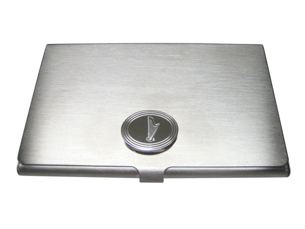 Silver Toned Etched Oval Harp Musical Instrument Business Card Holder