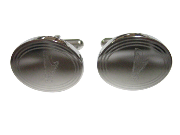 Silver Toned Etched Oval Harp Musical Instrument Cufflinks