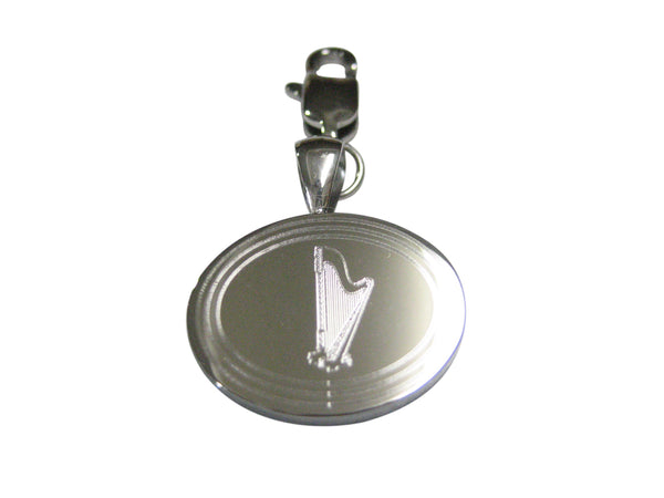 Silver Toned Etched Oval Harp Musical Instrument Pendant Zipper Pull Charm