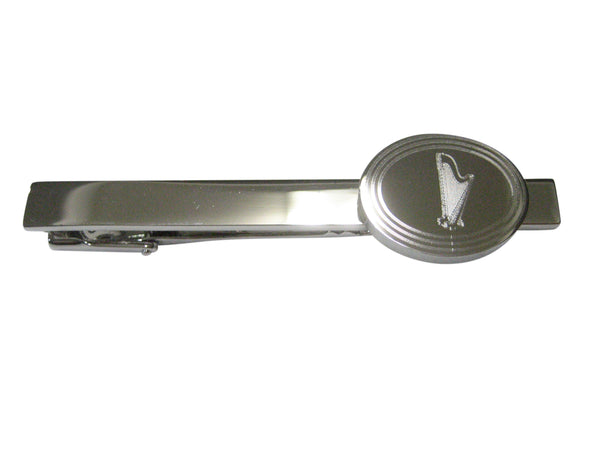 Silver Toned Etched Oval Harp Musical Instrument Tie Clip