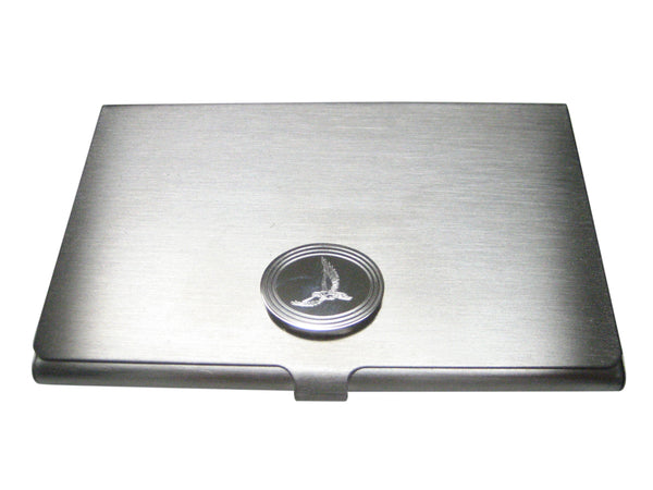 Silver Toned Etched Oval Hawk Bird Business Card Holder