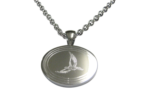 Silver Toned Etched Oval Hawk Bird Pendant Necklace