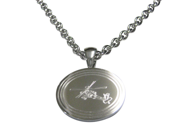 Silver Toned Etched Oval Helicopter Pendant Necklace