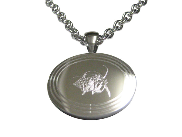 Silver Toned Etched Oval Hermit Crab Pendant Necklace