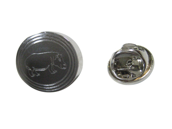 Silver Toned Etched Oval Hippo Lapel Pin