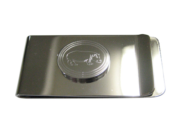 Silver Toned Etched Oval Hippo Money Clip
