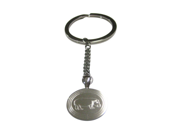 Silver Toned Etched Oval Hippo Pendant Keychain