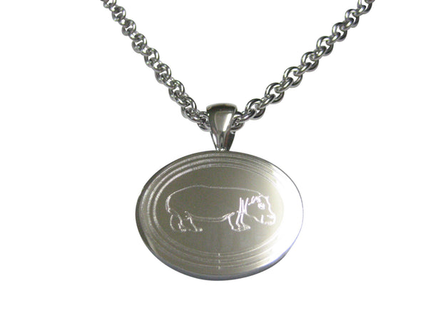 Silver Toned Etched Oval Hippo Pendant Necklace
