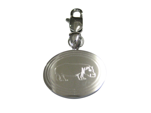 Silver Toned Etched Oval Hippo Pendant Zipper Pull Charm