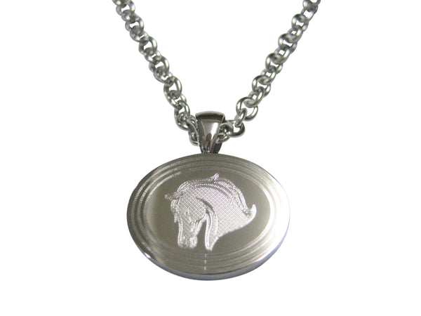 Silver Toned Etched Oval Horse Head Pendant Necklace