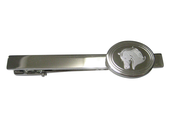 Silver Toned Etched Oval Horse Head Tie Clip