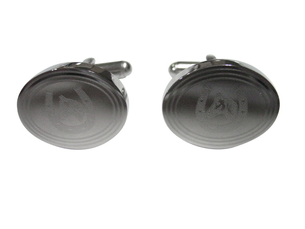 Silver Toned Etched Oval Horse and Horse Shoe Cufflinks