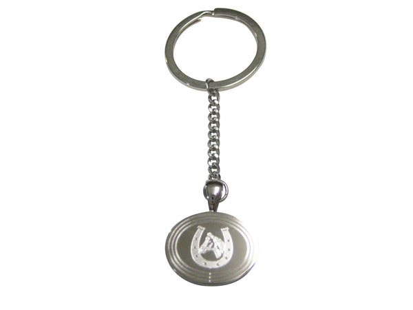 Silver Toned Etched Oval Horse and Horse Shoe Pendant Keychain