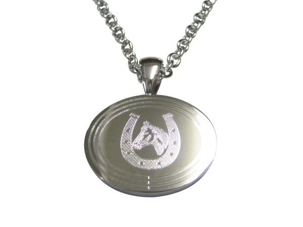 Silver Toned Etched Oval Horse and Horse Shoe Pendant Necklace