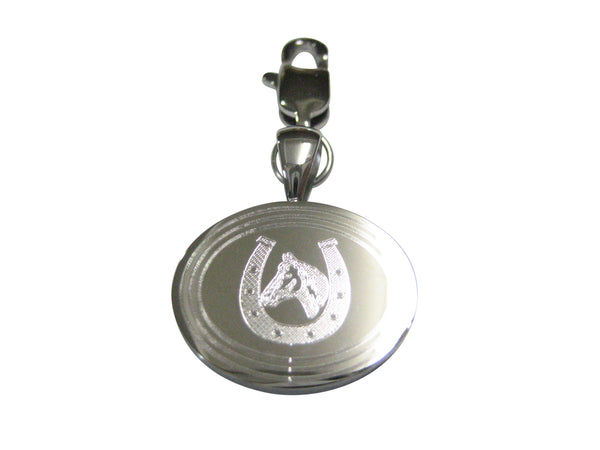 Silver Toned Etched Oval Horse and Horse Shoe Pendant Zipper Pull Charm