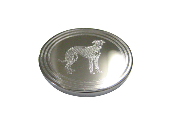 Silver Toned Etched Oval Hound Dog Magnet
