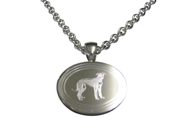 Silver Toned Etched Oval Hound Dog Pendant Necklace